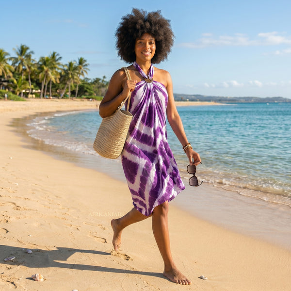Paréo  / Sarong - Jupe enveloppante / tenue de plage -  Tie dye Violet / blanc