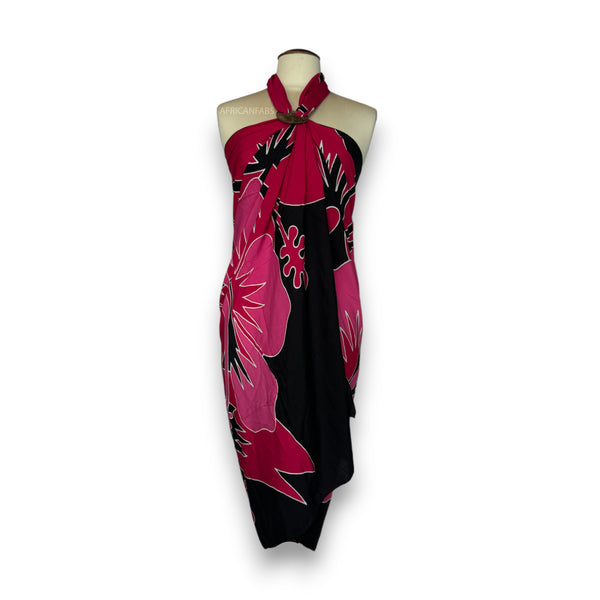 Handgeschilderd Sarong / pareo - Strandkleding wikkelrok - Zwart / rood hibiscus flower