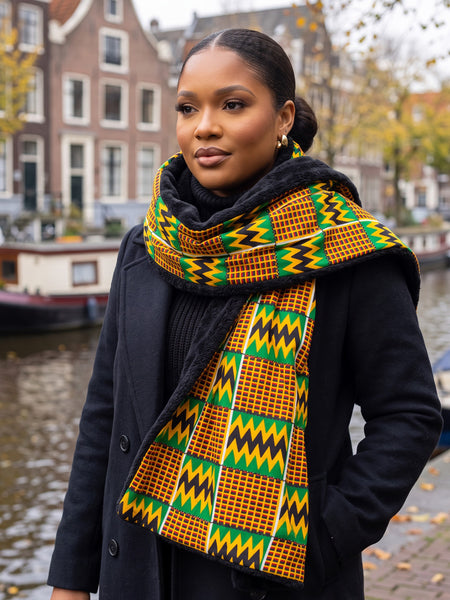 Écharpe d’hiver imprimée africaine Unisexe - Modèle étroit - Vert Kente Print Zigzag