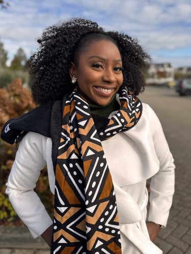 Warme Afrikaanse print sjaal Unisex - Smal model - Bruin & Beige Bogolan