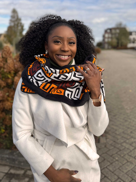 African print Winter scarf Unisex - Slim model - Brown Kuba Blocks
