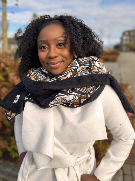 African print Winter scarf Unisex - Slim model - Dark Brown Bogolan Symbols