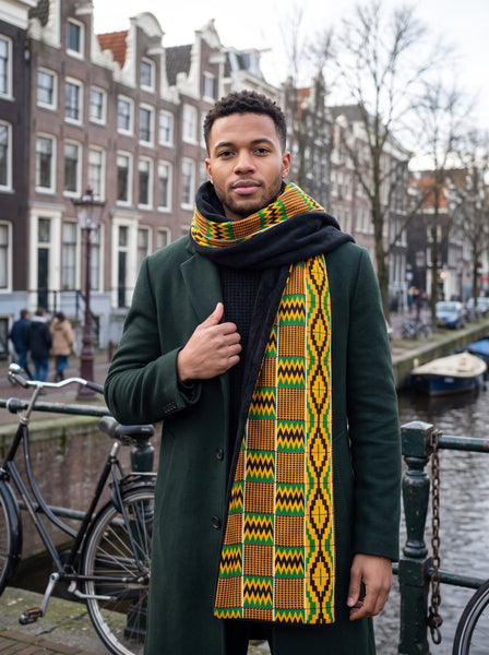 African print Winter scarf Unisex - Slim model - Green Kente Print Zigzag Pattern