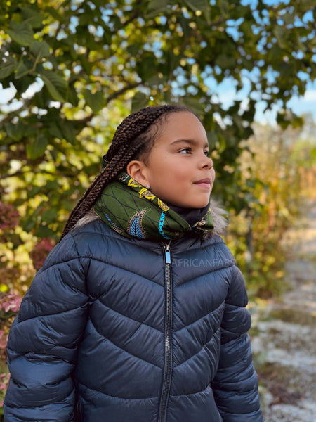 African print Turtleneck Winter scarf for Kids Unisex - Dark Green & Yellow Botanical Flow