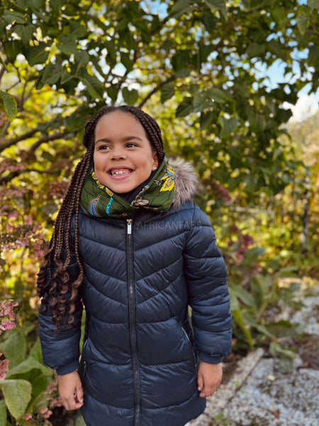 African print Turtleneck Winter scarf for Kids Unisex - Dark Green & Yellow Botanical Flow