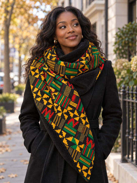 African print Winter scarf for Adults Unisex - Black Green Kente Print