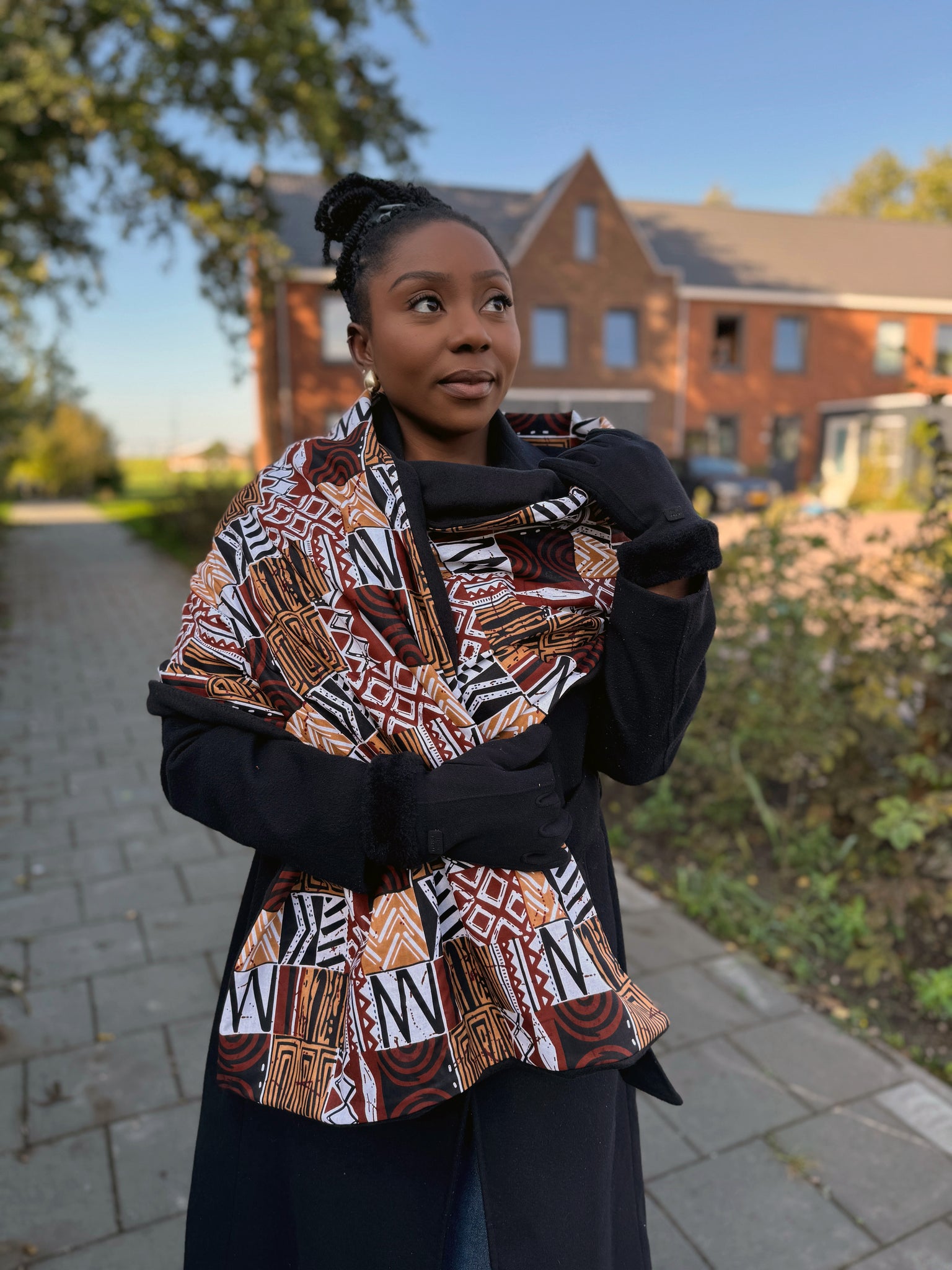 African print Winter scarf for Adults Unisex - Brown Bogolan Mosaic