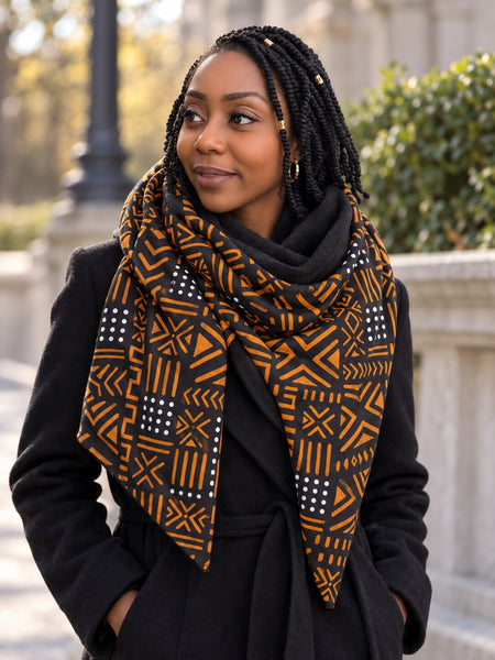 African print Winter scarf for Adults Unisex - Black Orange Bogolan Spirit