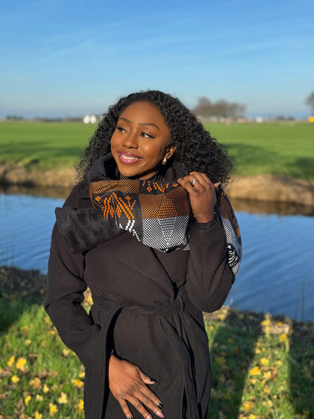 Écharpe d’hiver imprimée africaine Unisexe - Modèle étroit - Motifs tribaux orange