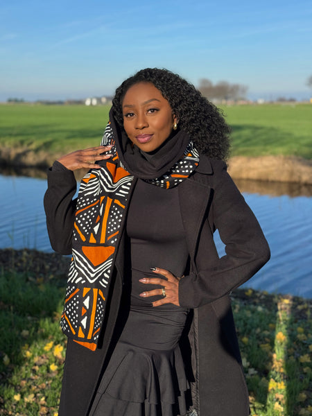 Écharpe d’hiver imprimée africaine Unisexe - Modèle étroit - Orange Marron bogolan