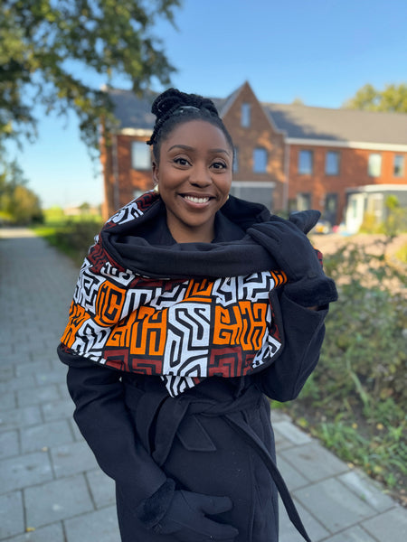 Warme Sjaal met Afrikaanse print Unisex - Bruin & Geel-oranje Kuba Blocks