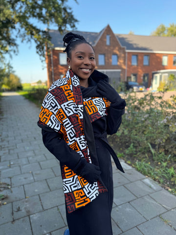 Warme Sjaal met Afrikaanse print Unisex - Bruin & Geel-oranje Kuba Blocks