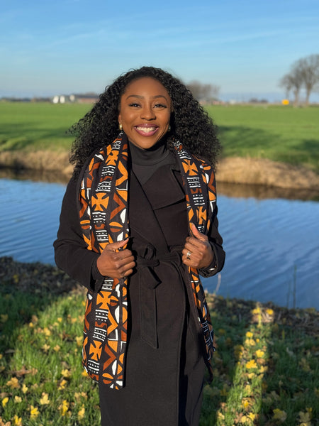 Warme Afrikaanse print sjaal Unisex - Smal model - Bruin Cross Bogolan