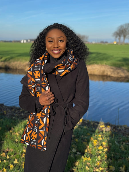 Warme Afrikaanse print sjaal Unisex - Smal model - Bruin Cross Bogolan