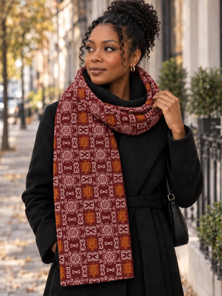 African print Winter scarf for Adults Unisex - Burgundy Orange Bogolan Icons