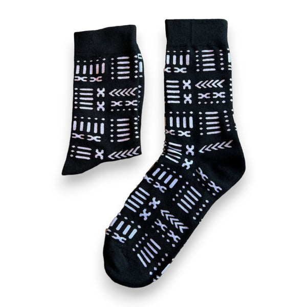 SET ÉCHARPE + CHAUSSETTES - Imprimé africain Echarpes d'hiver + Chaussettes noir Bogolan