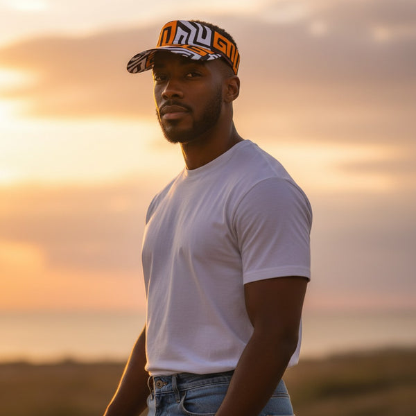 African print Sun visor cap - Brown & Yellow-Orange Kuba Blocks Congo