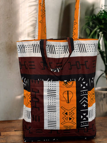 Sac cabas imprimé africain - Marron foncé / Jaune Bogolan Symbols - Sacs fourre-tout / Sac en Toile en coton réutilisable