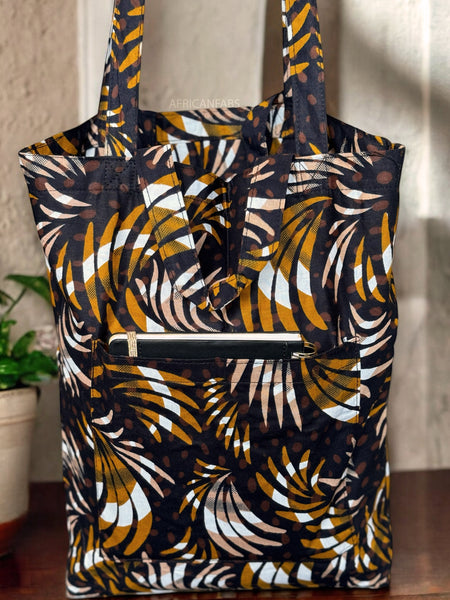 Shopper bag with African print - Mix Brown Feathers - Reusable Cotton Tote Bag