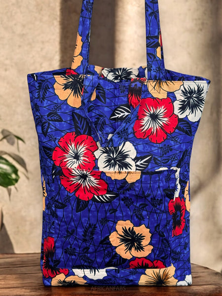 Sac cabas imprimé africain - Bleu Flowers - Sacs fourre-tout / Sac en Toile en coton réutilisable