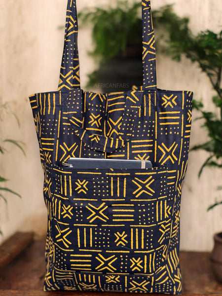 Shopper bag with African print - Black Yellow X Bogolan - Reusable Cotton Tote Bag