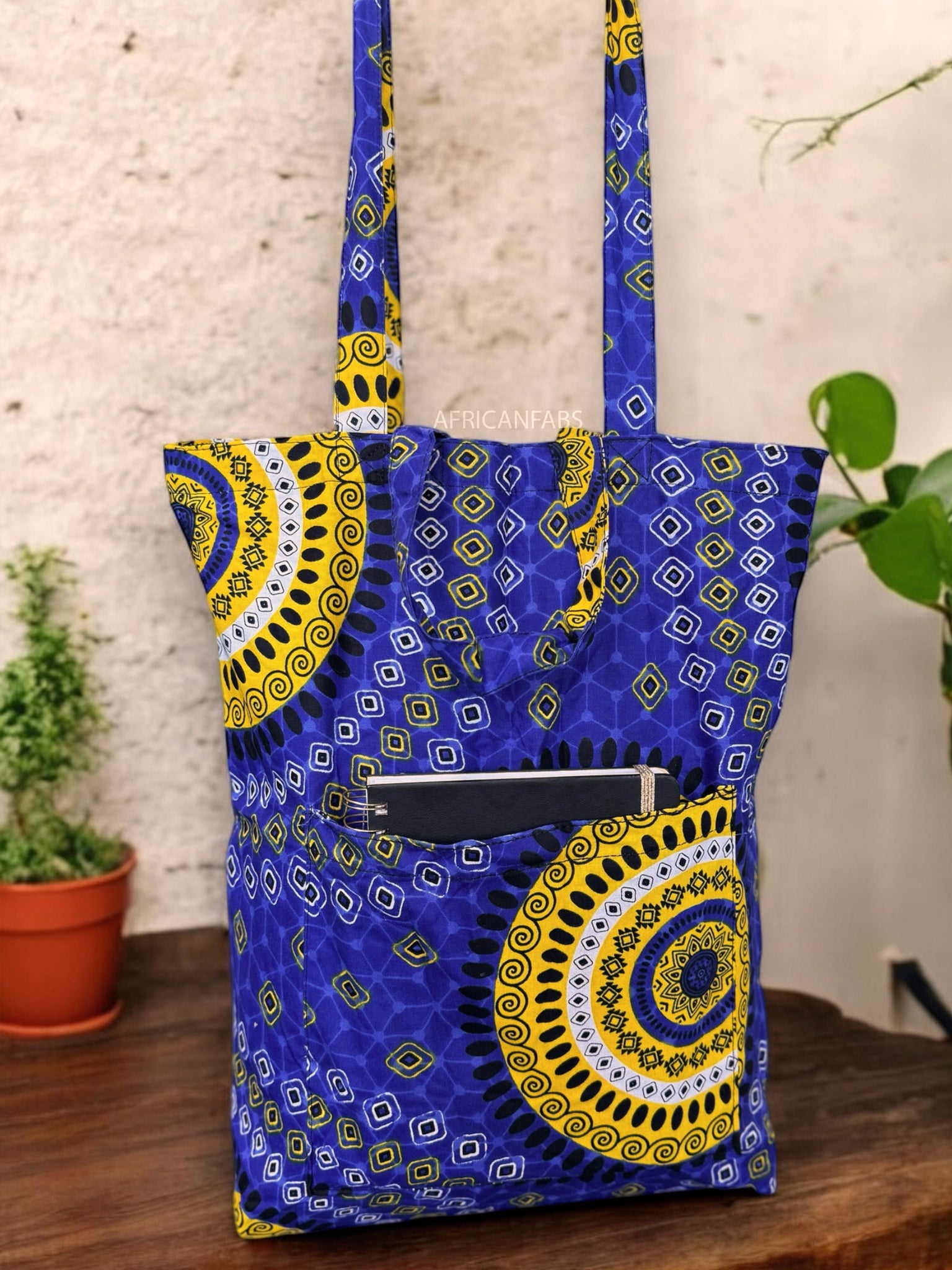 Shopper tas met Afrikaanse print - Blauwe Dotted Patterns - Herbruikbare Boodschappentas van katoen