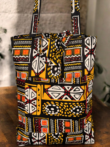 Shopper bag with African print - Yellow Bogolan - Reusable Cotton Tote Bag