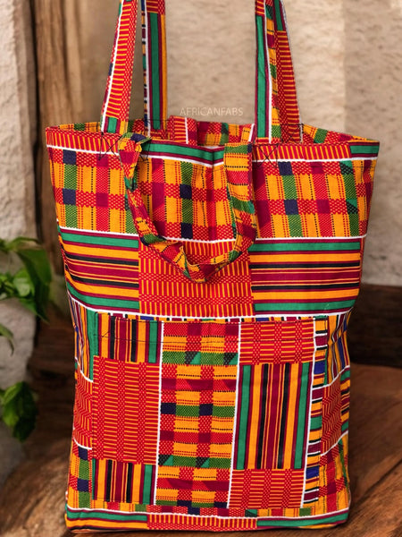 Shopper bag with African print - Orange Green Kente - Reusable Cotton Tote Bag