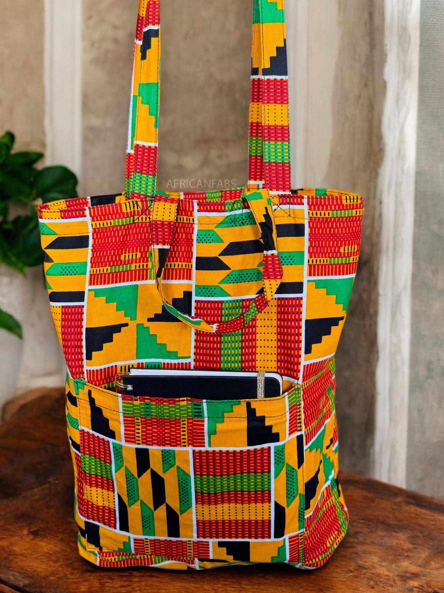 Shopper bag with African print - Yellow Green Kente - Reusable Cotton Tote Bag