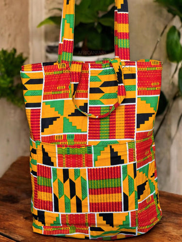 Shopper bag with African print - Yellow Green Kente - Reusable Cotton Tote Bag