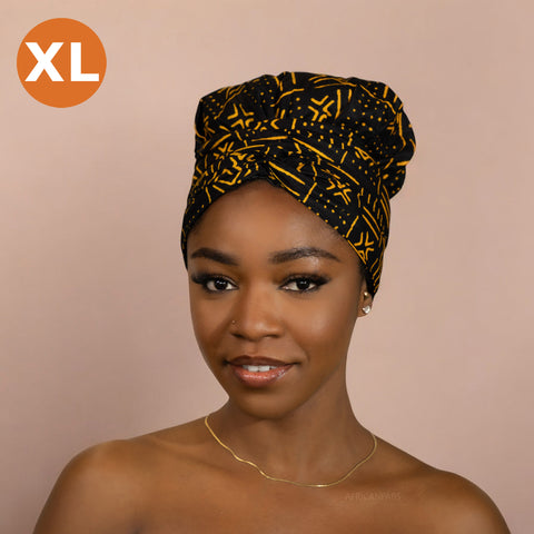 XL Easy headwrap / hoofddoek - Satijnen binnenkant - Zwarte x bogolan