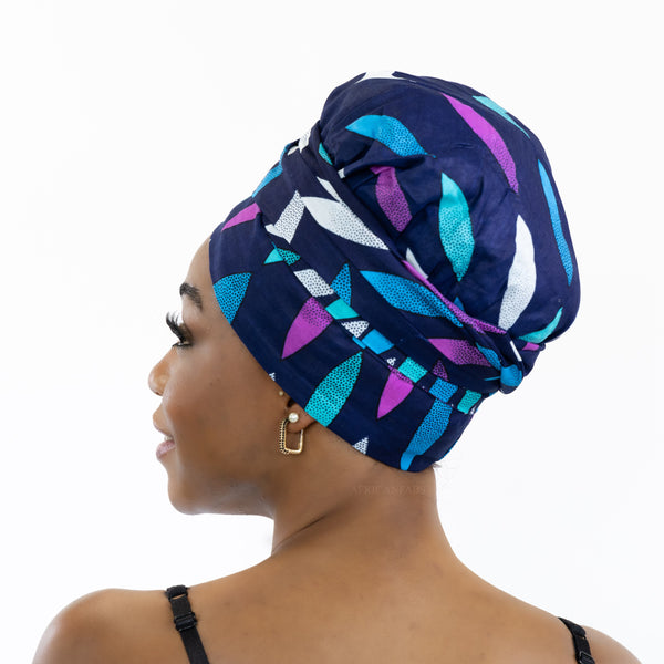 XL Turban facile - Bonnet en satin - Bleu / rose sunburst