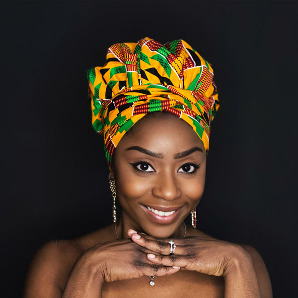 XL Easy headwrap / hoofddoek - Satijnen binnenkant - Oranje / groen Kente