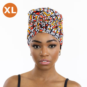 XL Easy headwrap / hoofddoek - Satijnen binnenkant - Rood / Oranje Bogolan