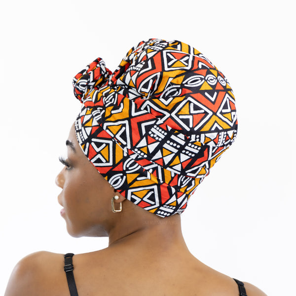 XL Easy headwrap / hoofddoek - Satijnen binnenkant - Rood / Oranje Bogolan