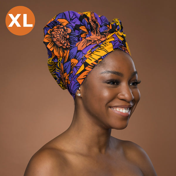 XL Easy headwrap - Satin lined hair bonnet - Yellow Purple Flowers