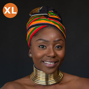 XL Easy headwrap / hoofddoek - Satijnen binnenkant - Pan African Kente / Zwart