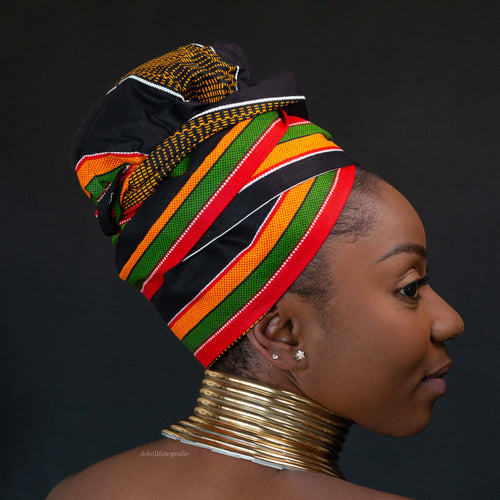XL Easy headwrap / hoofddoek - Satijnen binnenkant - Pan African Kente / Zwart