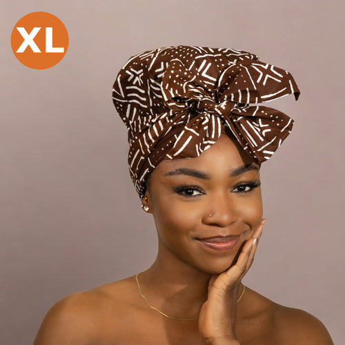 XL Easy headwrap / hoofddoek - Satijnen binnenkant - Bruine x Bogolan