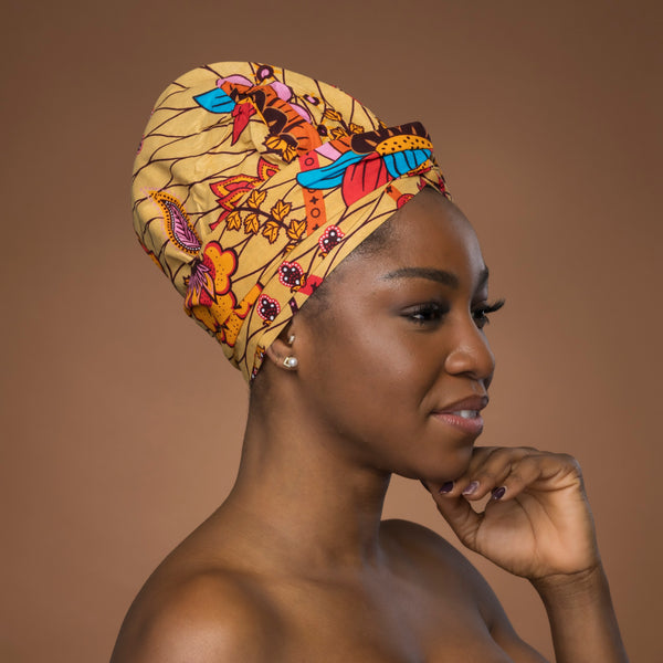XL Easy headwrap - Satin lined hair bonnet - Beige Orange Botanical Flow
