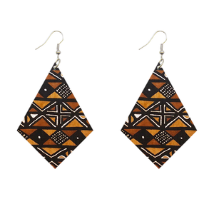 African Print Earrings | Ruitvormig bruin wooden earrings