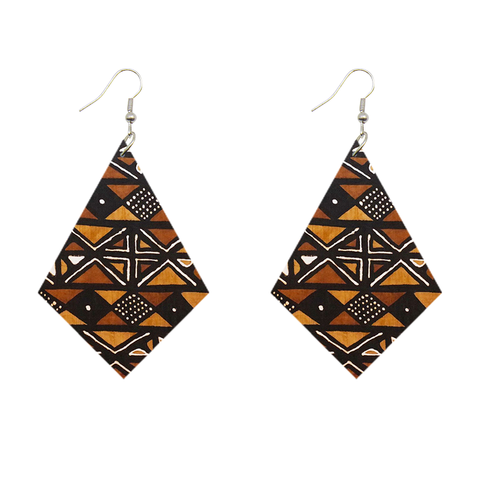 African Print Earrings | Ruitvormig bruin wooden earrings