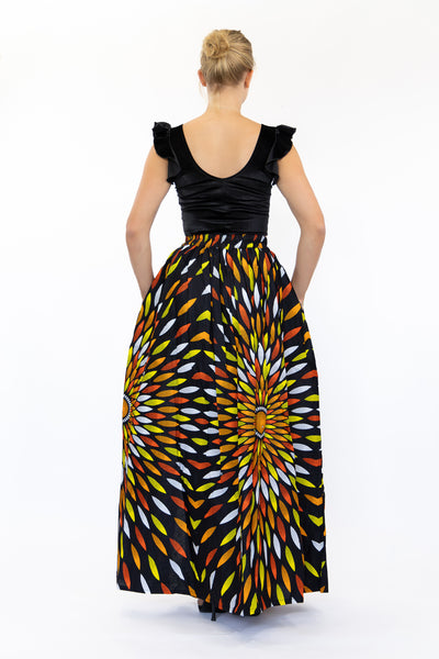 Afrikaanse print maxi rok - Zwart / gele sunburst