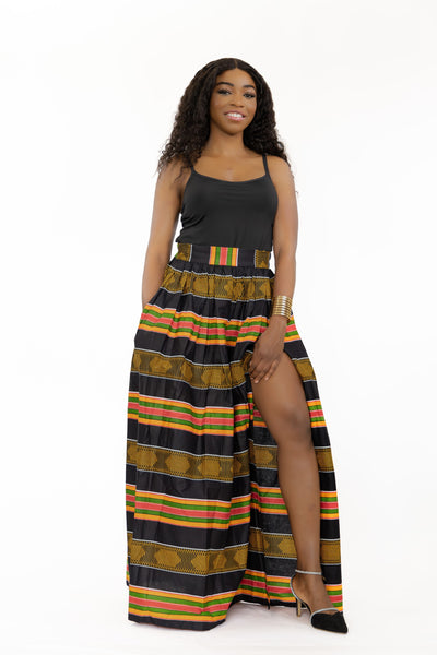 Jupe longue à imprimé africain - Kente Noir Pan Africa