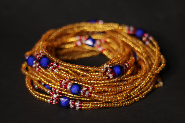 3 in 1 Waist Beads / Chaine de taille africaine - IYORE- Bleu / Doré (élastique)