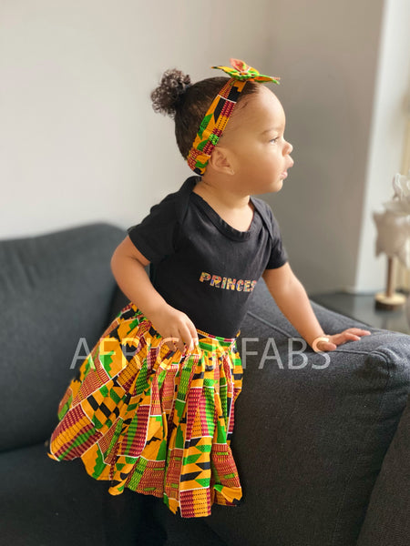 African print Kids Skirt + Headtie with Bow set in Kente print ( 1 - 10 years )