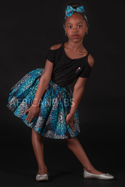 African print Kids Skirt + Headtie with Bow set Blue ( 1 - 10 years )