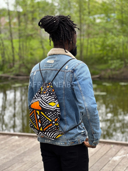 Sac à cordon imprimé africain / Sac de sport / Sac d'école / Sac à dos Ankara / Sac de fête - Jaune orangé bogolan