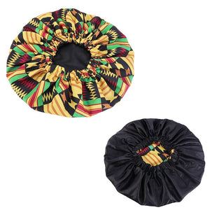 Afrikaanse Zwart Gele Kente Print Satijnen Slaapmuts / Hair Bonnet (reversible)