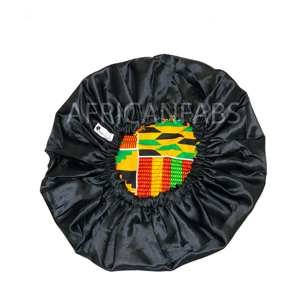 Bonnet de nuit à imprimé africain - Orange / vert Kente ( Coton avec doublure en satin )